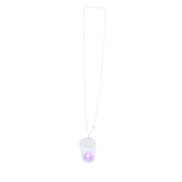 A white shot glass attached to a beaded necklace, featuring a multi-coloured light at the bottom.