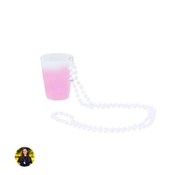 A pink shot glass with a white beaded chain, featuring a simple design. The glass has a gradient effect.