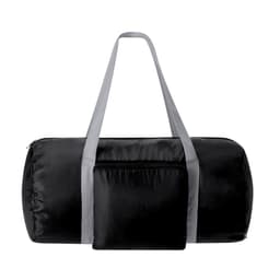 A foldable black bag with grey straps and a front pocket, showcasing a sleek and minimalist design.