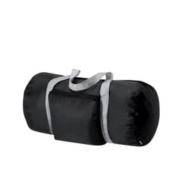 A black foldable bag with grey handles and a front pocket, featuring a logo.