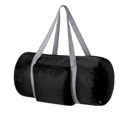 A black foldable bag with grey straps and a front pocket, featuring a logo. Ideal for miscellaneous use.