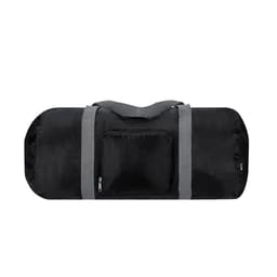 A black foldable bag with grey straps and a front zippered pocket, featuring a logo.