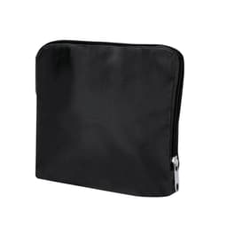 A black foldable bag with a zip closure and a simple design, featuring a logo on the surface.