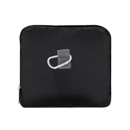 A black foldable bag with a silver carabiner attached, featuring a zip closure and minimal design.