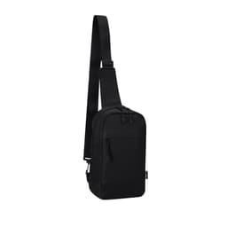 A black sling bag with a single strap, featuring front and side zippered pockets and a logo.