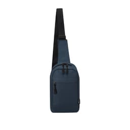 A navy blue sling bag with a single adjustable black strap and zipped pockets. It features a logo on the front.