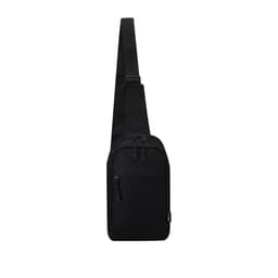 A black sling bag with a single adjustable strap and multiple zippered compartments. Features a logo.