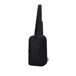 A black sling bag with a single adjustable strap and a zippered main compartment, featuring a small logo.