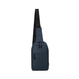 A dark blue sling bag with a single strap, featuring a front zip pocket and a brand logo.