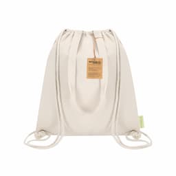 A cream cooler bag with drawstring closure, featuring a tag and rope handles. It has a logo on the front.