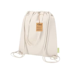 A cream-coloured cooler bag with drawstring closure and handles, made from recycled materials, featuring a tag.