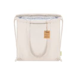 A cream cooler bag with a silver insulated interior and rope handles, featuring a tag with recycling information.