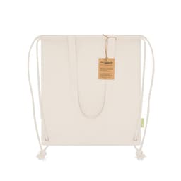 A cream-coloured cooler bag with rope handles and a label, showcasing a simple and eco-friendly design.