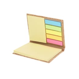 A cork notebook with a yellow cover, featuring sticky notes in pastel pink, blue, green, and yellow.