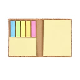 A cork notebook with yellow sticky notes and vibrant pink, green, and blue tabs on the left side.