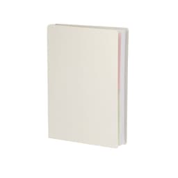 A cream-coloured notebook with a plain cover and multiple pages inside, featuring a logo on the front.