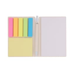 A notebook with a pen and assorted sticky notes in vibrant colours, including pink, yellow, green, and orange.