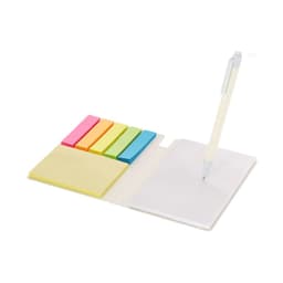 A notebook with a pen, featuring colourful sticky note sections in pink, orange, blue, green, and yellow.