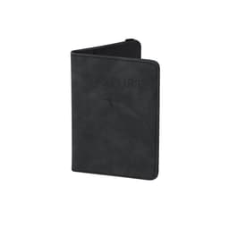 A black passport holder with a textured finish and a logo, featuring a vertical design for easy access.