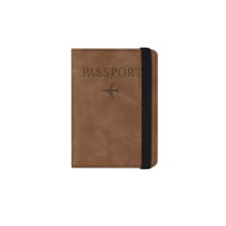 A brown passport holder with an elastic strap, featuring a logo and an airplane graphic.
