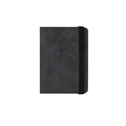 A black passport holder featuring an elastic strap and a logo, suitable for holding a passport securely.