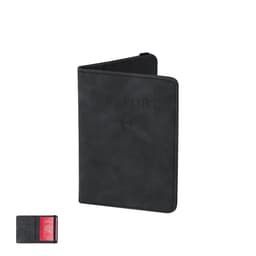 A black passport holder with a branding logo, featuring slots for a passport and cards inside.