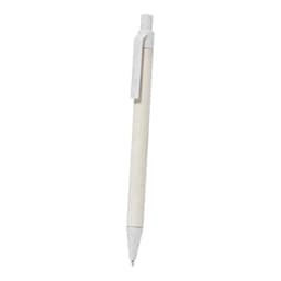 A pen with a white body and a unique textured design, featuring a clip and a ballpoint tip. Includes branding.