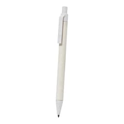 A white pen with a textured body and a clip for easy attachment. It features a branding logo on the side.