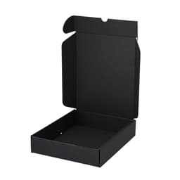 A black open gift box with a flat base and flaps for closure, designed for packaging products.
