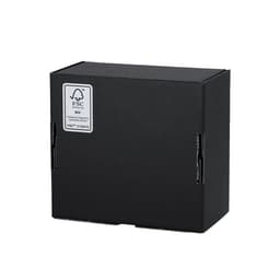 A black gift box with a logo, designed for packaging a product, featuring a secure fold-over closure.