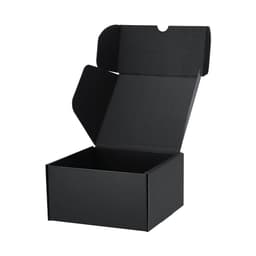 A black cardboard box with an open flap, designed for packaging products. It features a clean, minimalist design.