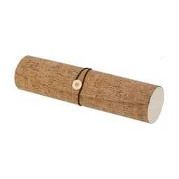 A cylindrical gift set wrapped in cork, secured with a brown tie. It has a smooth, white end.