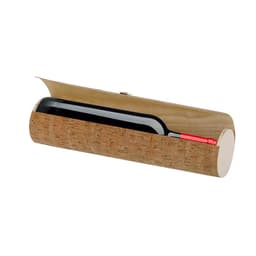 A wine bottle presented in a natural wood and cork gift case, featuring a sleek design and a red accent.