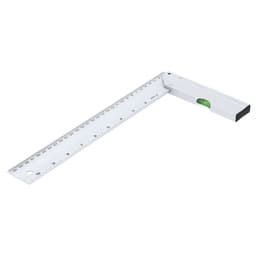 A white ruler with a level, featuring a straight edge and marked measurements for precise alignment.