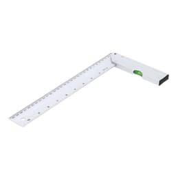 A white ruler with a level and a marked measuring scale. It features a square design and has a brand logo.