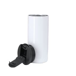 A white insulated travel mug with a black flip lid, featuring a sleek design and a logo.