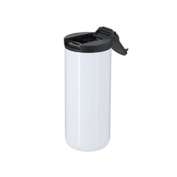 A drink bottle featuring a sleek white body with a black flip lid and a logo. Ideal for on-the-go hydration.
