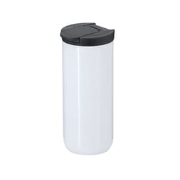 A drink bottle with a white body and a black lid, featuring a logo on its surface.