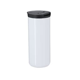 A drink bottle in white with a black lid, featuring a sleek design and a logo. Ideal for travel.