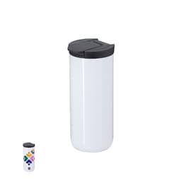 A drink bottle with a sleek white design and a black lid, featuring a decorative logo on one side.