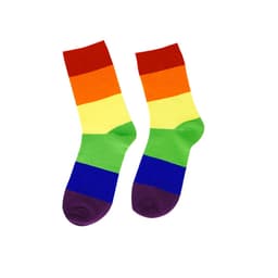 A pair of vibrant socks featuring horizontal stripes in red, orange, yellow, green, blue, and purple.