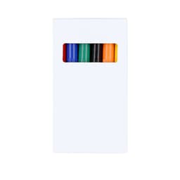 A box of markers featuring eight vibrant colours: red, orange, yellow, green, blue, black, and purple. It has a logo.