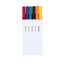 A set of six markers in red, green, blue, black, orange, and yellow, housed in a white packaging with a window.
