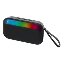 A black Bluetooth speaker with a multicoloured light strip and a wrist strap, featuring control buttons on top.
