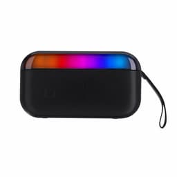A black Bluetooth speaker with an illuminated top surface featuring multicoloured lights and a carry strap.