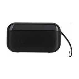 A black Bluetooth speaker with a sleek design, featuring a wrist strap and a branded logo.