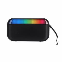 A black Bluetooth speaker with a vibrant light bar at the top and a strap for easy carrying.