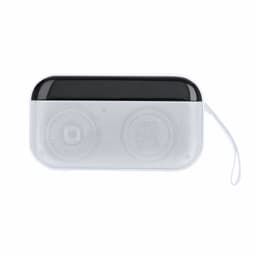 A Bluetooth speaker in white and black, featuring a sleek design and a wrist strap for portability.