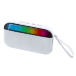 A white Bluetooth speaker with a sleek design and a rainbow light display on top. It includes a branding logo.