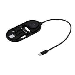 A black charging cable with various connectors and a circular section, featuring a logo.